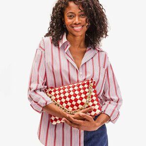 Clare V. Puffy Woven Flat Clutch with Tabs in Rossa &  Cream